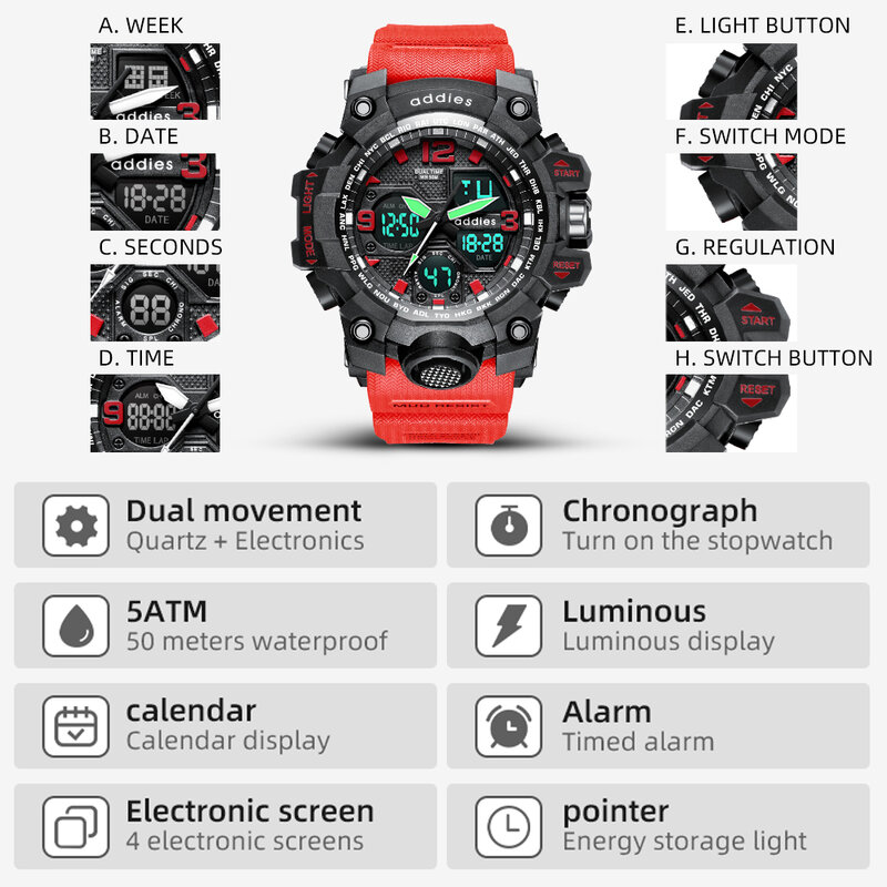 Addie العلامة التجارية الرجال ساعة رقمية نمط الرياضة العسكرية الساعات موضة مقاوم للماء ساعة اليد الإلكترونية رجالي 2021 Relogios