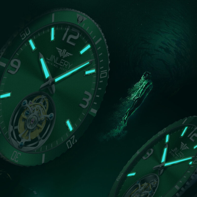 جينلي توربيون ساعة ميكانيكية للرجال ساعة الماء الأخضر الرجال شبح أفضل ماركة ساعة فاخرة ساعة اليد Relogio Masculino