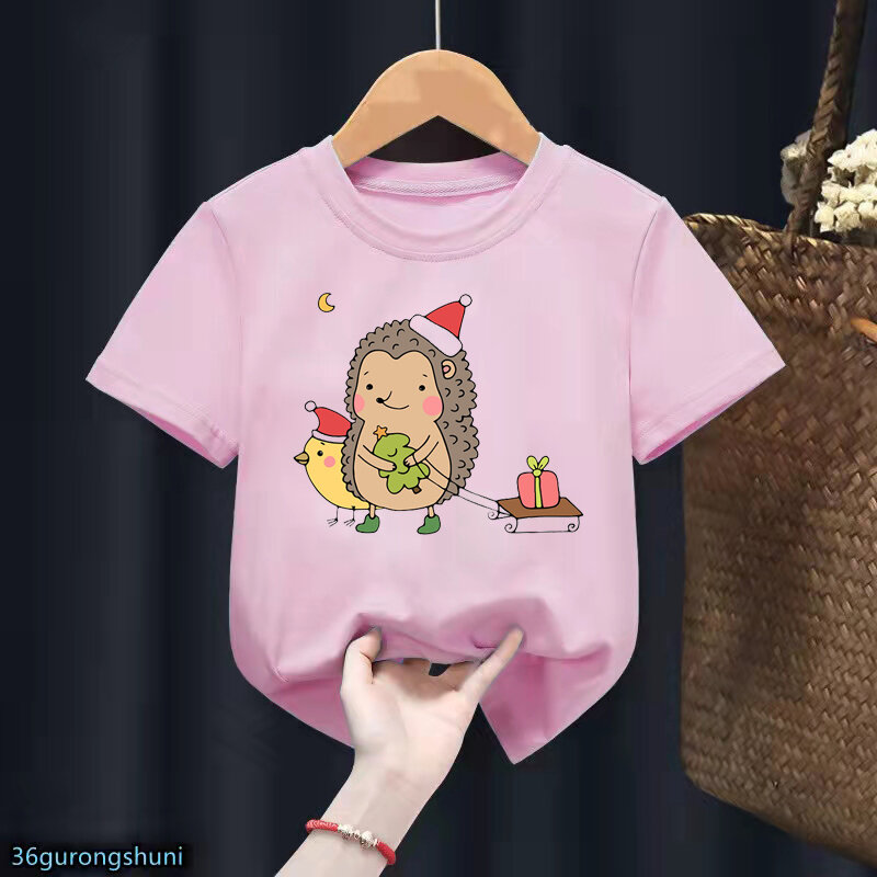 عيد الميلاد القنفذ/الباندا الكرتون طباعة الوردي تي شيرت Kawaii الاطفال الملابس مضحك التي شيرت Harajuku قميص الصيف موضة تي شيرت بلايز