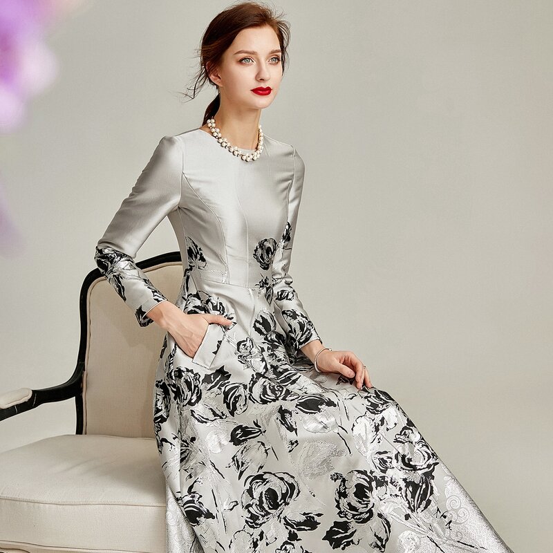 فستان نسائي أنيق من الجاكار الفضي ، مصمم خصيصًا لوالدة العروس ، لحفلات الزفاف ، مقاس كبير