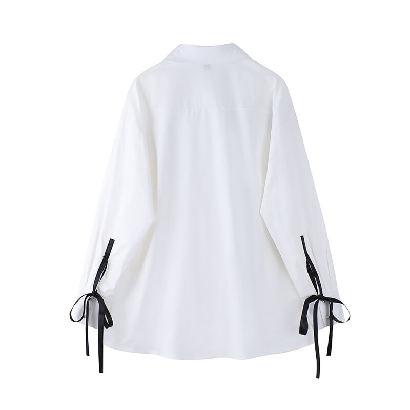 2022 الربيع المرأة قميص القوس المرقعة قمصان الفرنسية نمط الأبيض البلوزات Harajuku شيك الشارع الشهير بلوزة حريمي مكتب العصرية