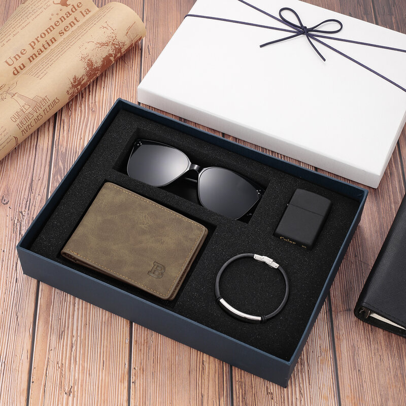 تخصيص الرجال هدية صندوق محفظة من جلد PU النظارات الشمسية أخف الرجال سوار أربعة قطعة مجموعة أفضل هدية لصديقها