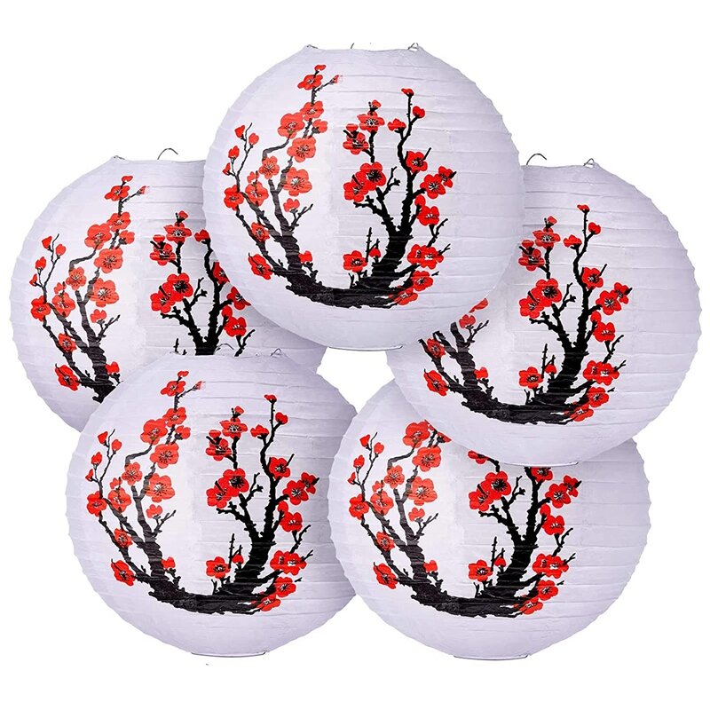 6 حزمة 12 بوصة أزهار الكرز الأحمر ورقة فانوس أبيض مستدير الصينية اليابانية مصباح ورقي للمنزل حفل زفاف الديكور