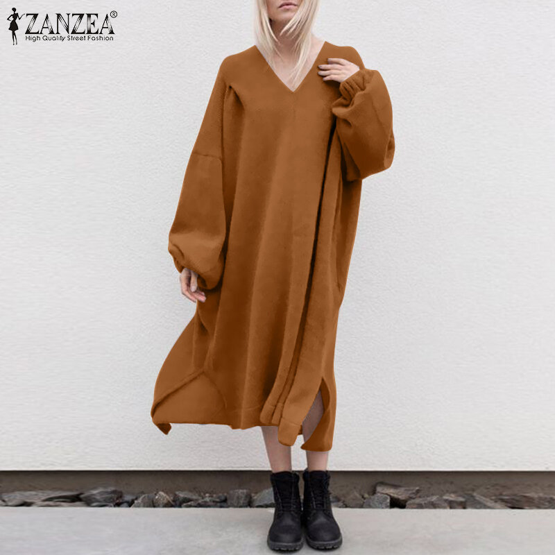 فستان سويتشيرت حريمي صلب من ZANZEA أنيق برقبة على شكل V فستان ميدي لخريف 2021 كبير الحجم فستان نسائي فضفاض غير رسمي بقلنسوة