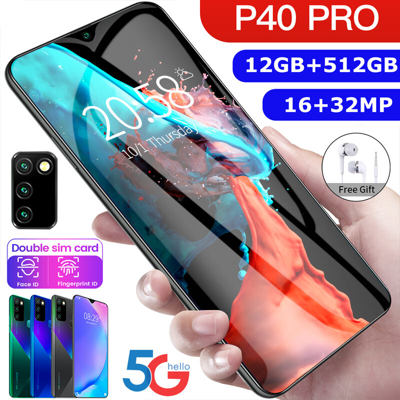 هاتف P40 Pro 5G إصدار جديد هاتف ذكي بشاشة 6.8 بوصة وذاكرة 12 جيجابايت + 512 جيجابايت مزود بخاصية إلغاء التأمين ببصمة الإصبع ومزود بشريحتين بدقة 16 + 32 مي...