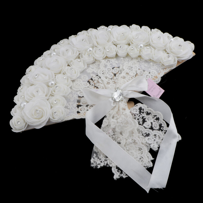 الدانتيل الورود الزهور تصميم البلاستيك للطي باليد مروحة (أبيض)