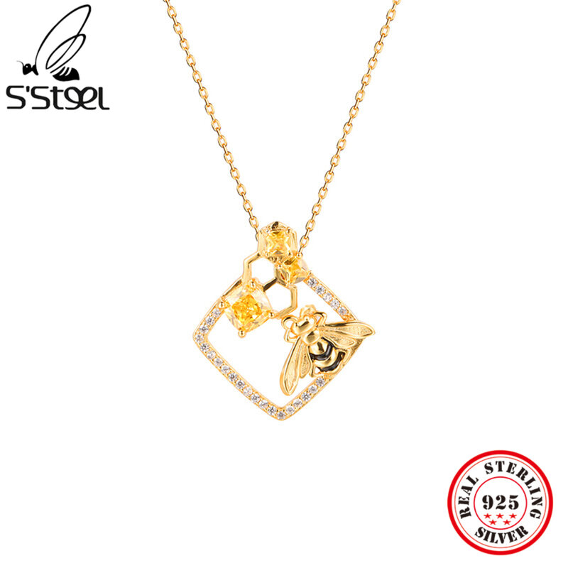 S'STEEL 925 فضة القلائد هدية للمرأة العصرية سلاسل Charms النحل قلادة قصيرة طالب الزركون المجوهرات