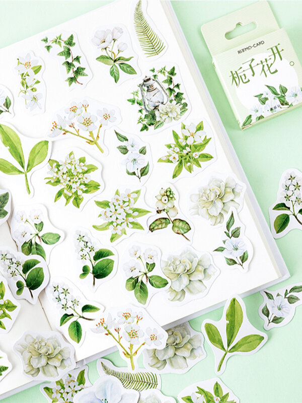 45 قطعة/صندوق نمط النبات غاردينيا زهرة الربيع تواجه سلسلة صندوق ملصقات بسيطة ، لتقوم بها بنفسك الديكور