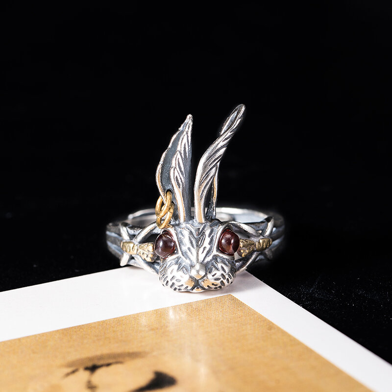 VLA 925 الفضة الرجعية الذهب اللون فاسق حلقة المرأة شخصية الموضة طويلة الأذن أرنب حلقة قابل للتعديل حجم الملحقات