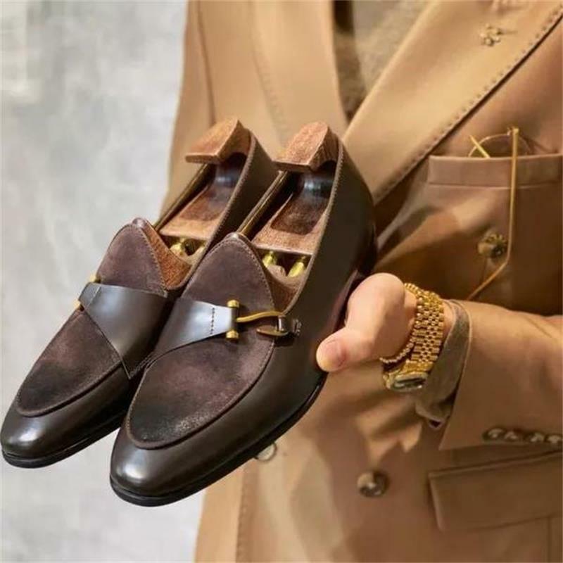 جديد حذاء رجالي اليدوية بلون بو خياطة تقليد الجلد المدبوغ مجموعة خطفات مستديرة على المألوف الأعمال اللباس المتسكعون KS412