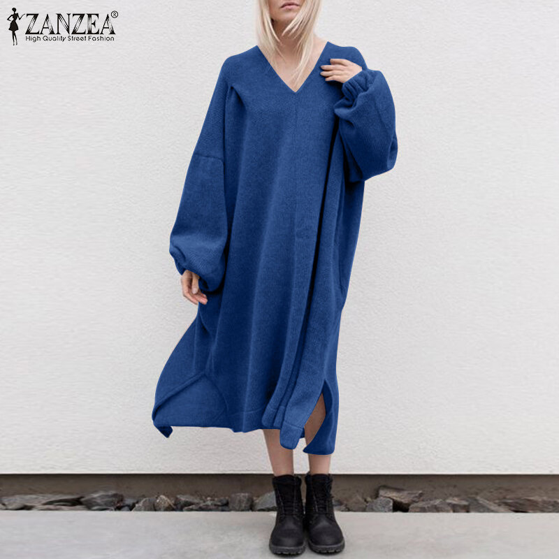 أزياء المرأة بلوزات فساتين ZANZEA 2022 الربيع نفخة كم طويل ميدي فستان Vestido المتضخم عادية الصلبة فضفاض فستان الشمس