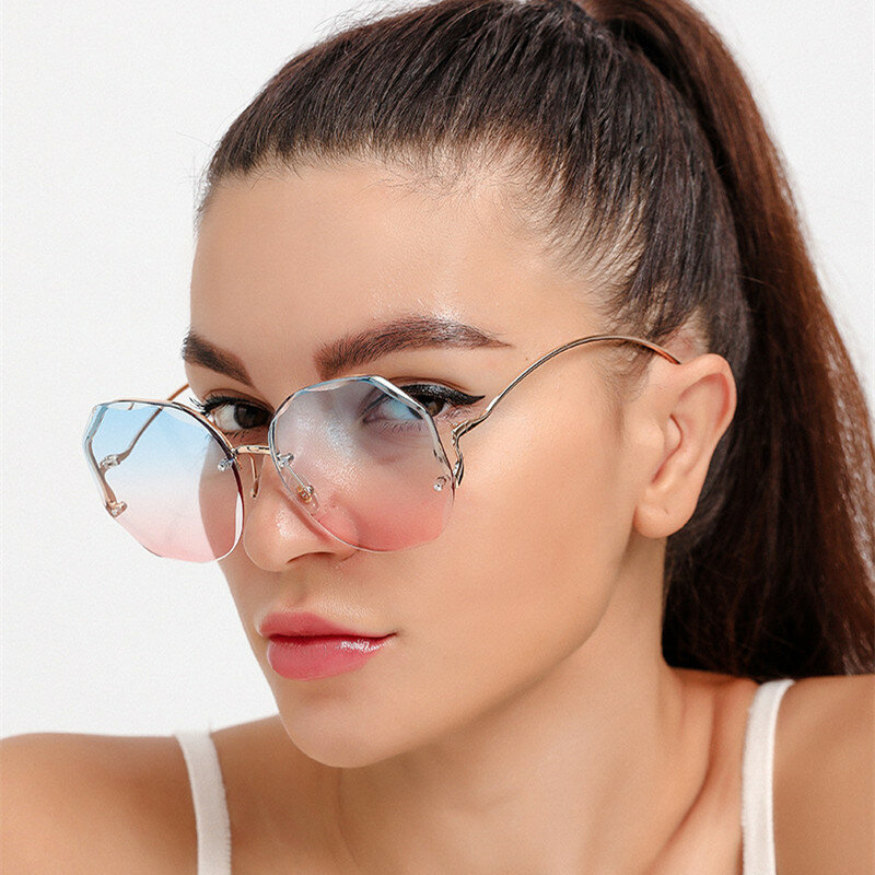 2021 موضة جديدة الشاي التدرج النظارات الشمسية النساء المحيط قص المياه قلص عدسة معدنية منحني المعابد نظارات شمسية الإناث UV400