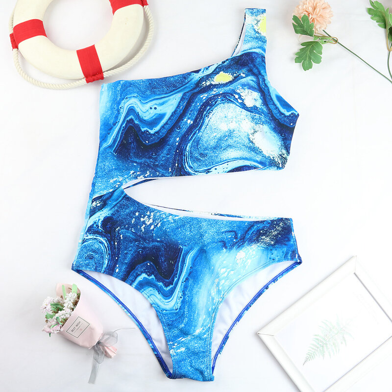 الأزرق قطعة واحدة ملابس السباحة النساء 2021 جديد رفع مبطن مثير بحر كتف واحد ملابس السباحة الإناث الصيف ثوب السباحة Monokini