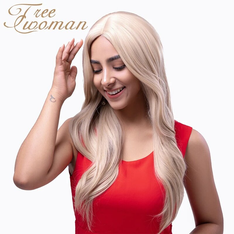 FREEWOMAN-شعر مستعار أشقر طويل مموج 20 بوصة ، اصطناعي ، مع فراق مركزي ، خط شعر طبيعي ، مقاوم للحرارة ، شعر احتفالي للنساء