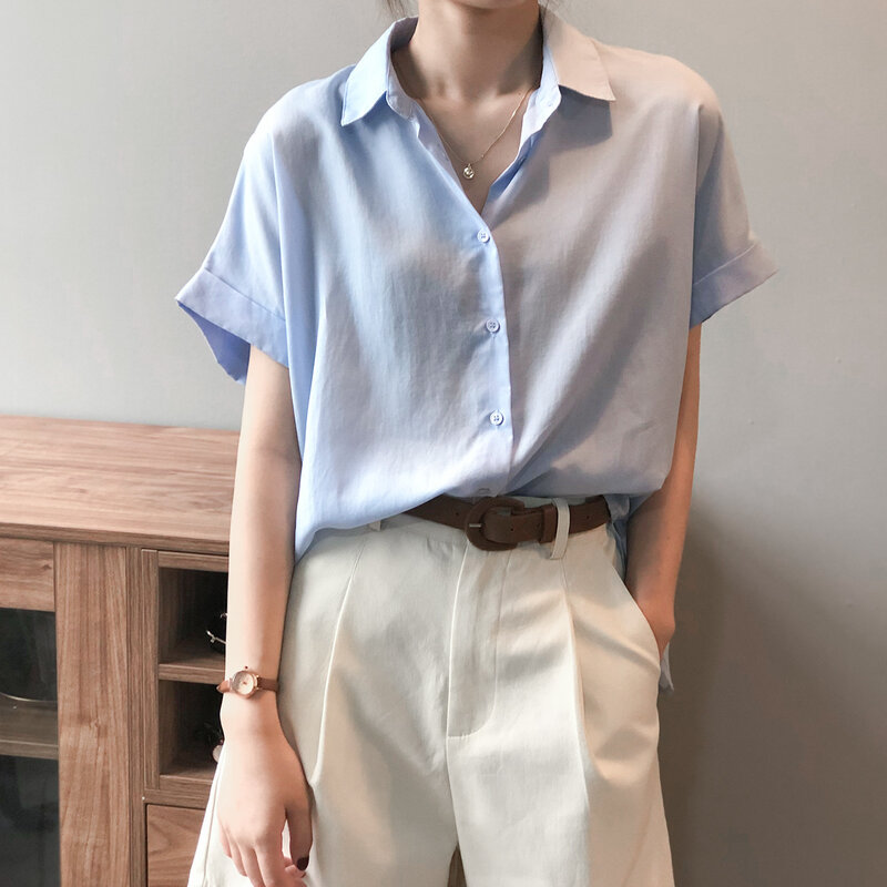كماز موضة المرأة بلوزة شيفون قميص الصيف قصيرة الأكمام الأزرق قمصان مكتب السيدات بلايز الخامس الرقبة الكورية نمط الملابس 0912 #