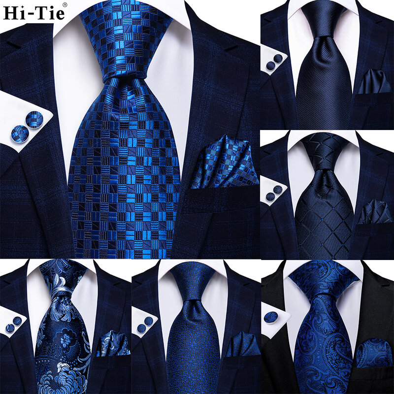 مرحبا التعادل الأزرق الداكن مخطط الصلبة الحرير الرجال الزفاف التعادل هدية ربطة العنق للرجال جودة Hanky زر الكم الأعمال مصمم أزياء الحفلات