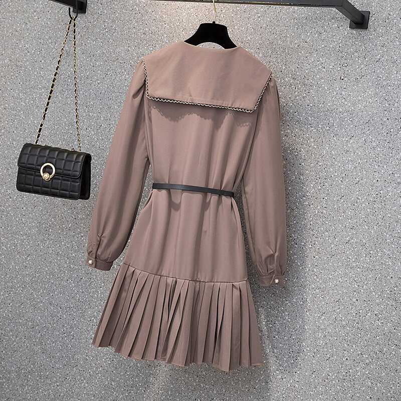 EHQAXIN إمرأة رشيقة فساتين خريف جديد الفرنسية الحلو دمية طوق مطوي واحدة الصدر فستان من الشيفون مع حزام سيدة L-4XL