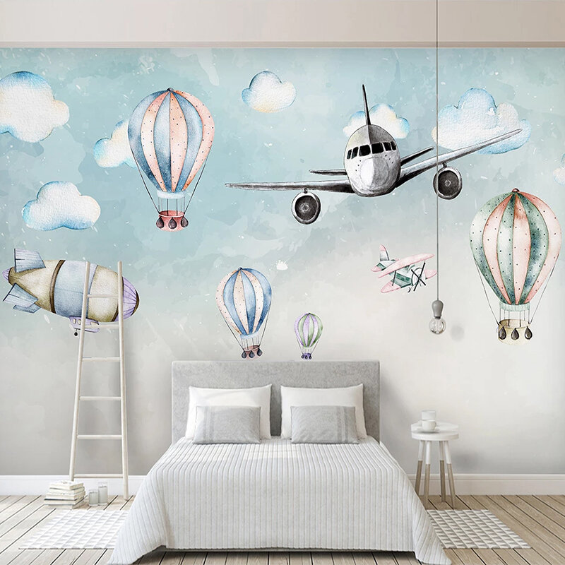 ورق حائط صور ثلاثي الأبعاد مخصص ورق حائط على شكل طائرة منطاد هواء ساخن لغرفة نوم الأطفال بجانب السرير غير منسوج arabshoppy
