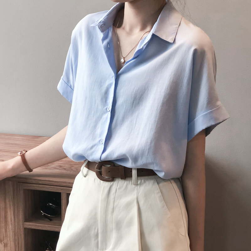 كماز موضة المرأة بلوزة شيفون قميص الصيف قصيرة الأكمام الأزرق قمصان مكتب السيدات بلايز الخامس الرقبة الكورية نمط الملابس 0912 #