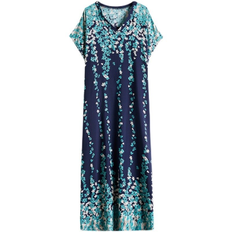 2021 الصيف البوهيمي نمط ثوب مطبوع المرأة المتضخم الخامس الرقبة الأزرق ثوب رداء الكاحل طول فساتين