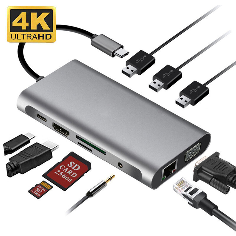 USB 3.0 متعدد المنافذ Hub محول 10 في 1 نوع C HDMI-متوافق VGA PD USB Hub لماك بوك برو دروبشيبينغ بالجملة