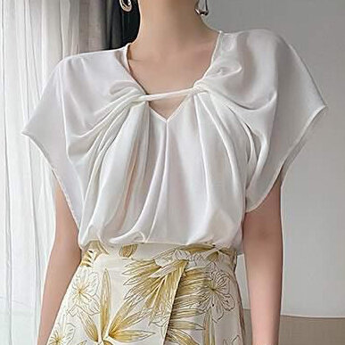 الفرنسية مزاجه الخامس الرقبة الشيفون قميص المرأة 2021 فستان صيفي جديد المتخصصة تصميم قصيرة الأكمام قميص