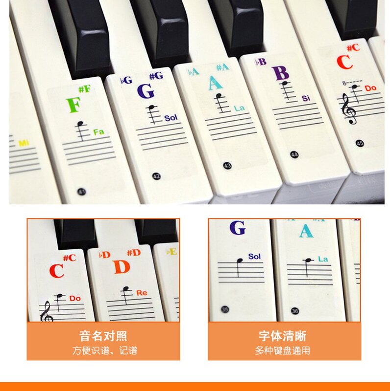 ملصق البيانو للمفاتيح-طلاء قابل للإزالة ل 88 لوحات المفاتيح الموظفين تدوين ملصقات لوحة مفاتيح البيانو ملصقات ملونة