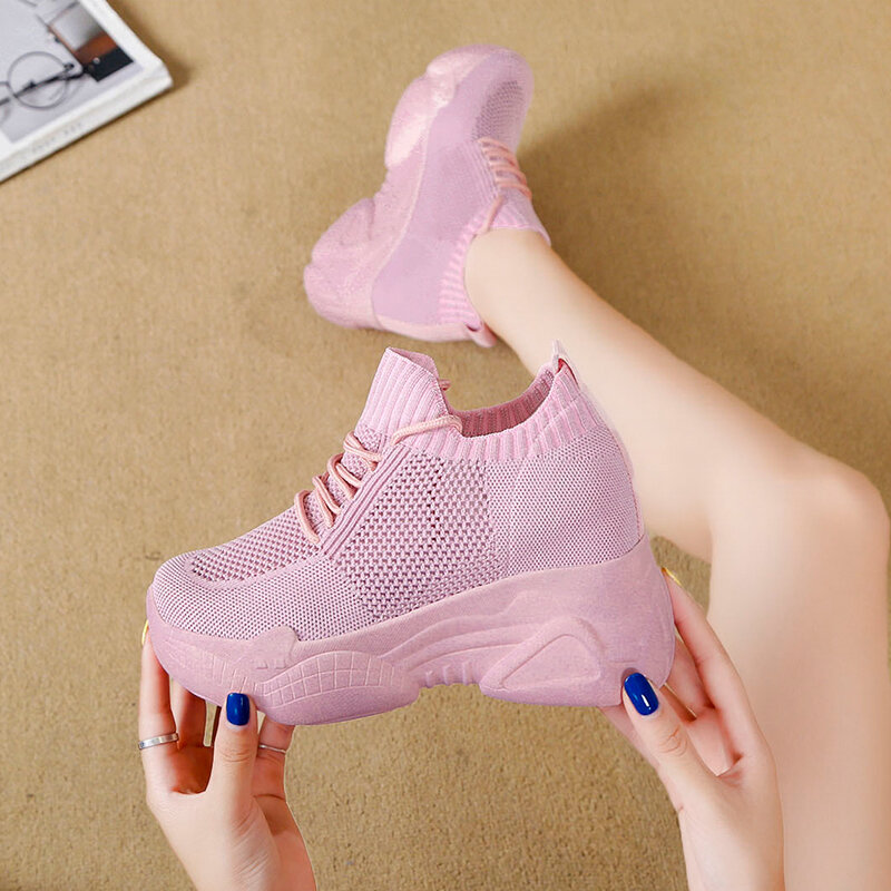 حذاء رياضي للسيدات بنسيج شبكي يسمح بالتهوية من Rimocy موضة 2021 للربيع والصيف أحذية محاكة لزيادة الطول أحذية نسائية بيضاء غير رسمية #6