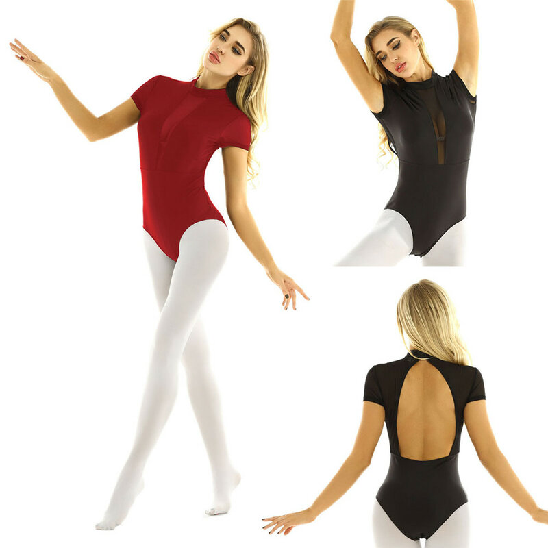 TiaoBug-ملابس رقص نسائية من قطعة واحدة ، رقبة وهمية ، أكمام قصيرة ، بلوزة بحمالات ، بدلة جمباز ، مسابقة رقص باليه