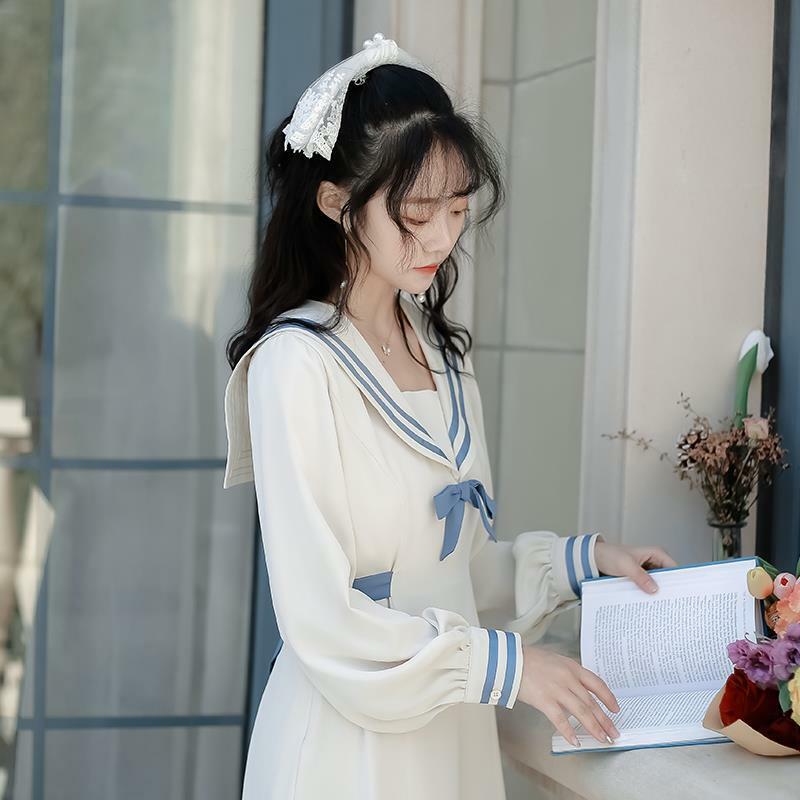 QWEEK كلية بحار طوق فستان أبيض امرأة اليابانية Harajuku Kawaii طويلة الأكمام ميدي فستان زي مدرسي ربيع الخريف 2021