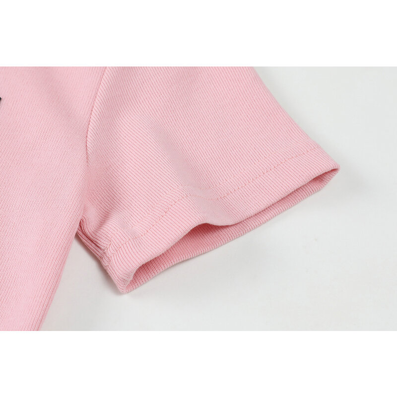الوردي بولو تي شيرت بياقة المرأة قصيرة الأكمام تي زر قميص قصير المرأة الصيف الكورية موضة 2021 متماسكة