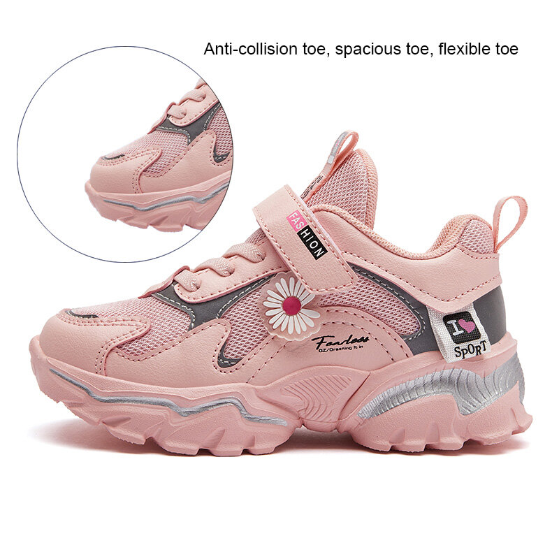 أحذية أطفال XZVZ عالية الجودة بشبكة + جلد صناعي أحذية رياضية بناتي سميكة بنعل مرتفع أحذية زهور أحذية رياضية للأطفال
