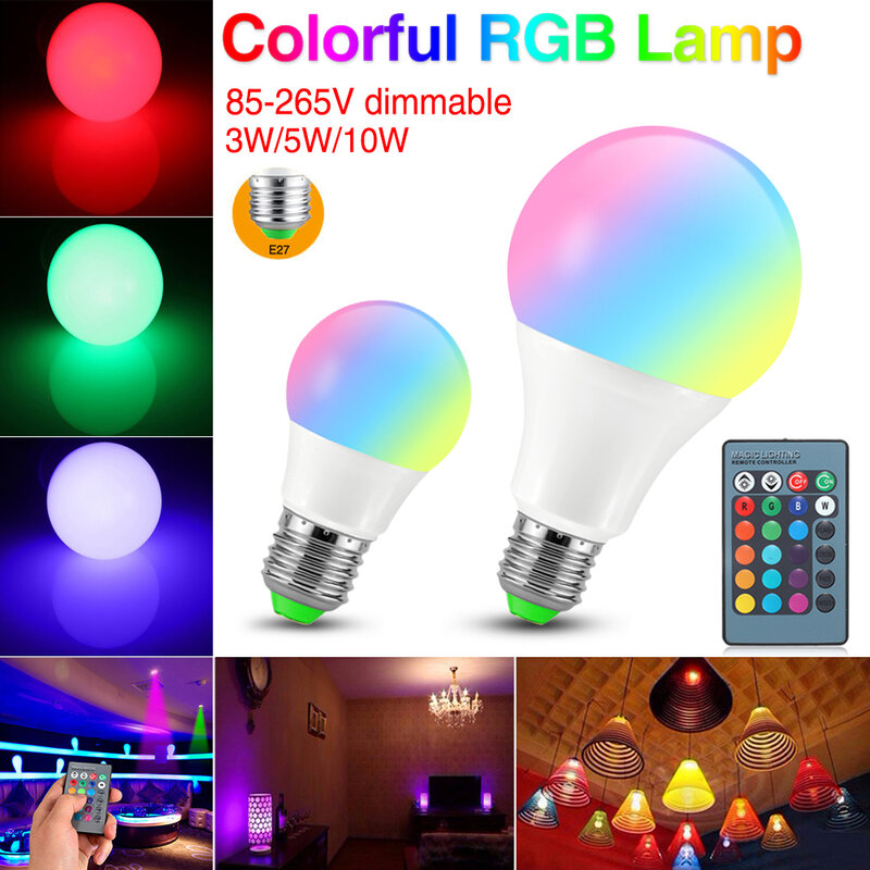 16 لون RGB عكس الضوء IR E27 LED لمبة أضواء RGB ملون Changin 3 واط 5 واط 10 واط مصباح مع بطارية قلوية جهاز التحكم من بعد تركيبات ديكور المنزل