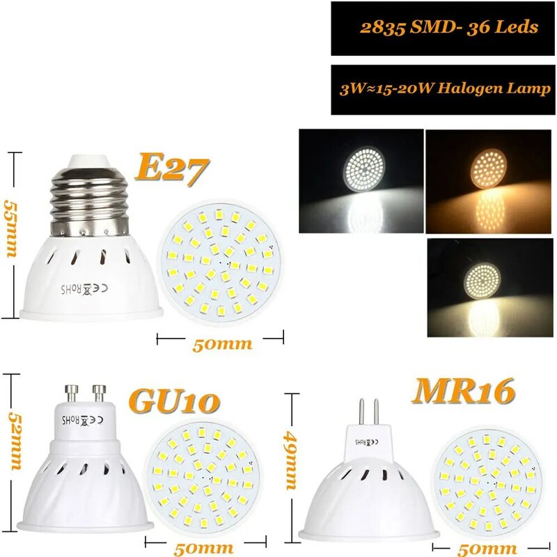 لمبات SMD LED عالية التجويف ، 36/54/72 LED ، 4/6/8W ، E27 ، MR16 ، GU10 AC/DC ، 12/24V ، لمبات الإضاءة ، لا وميض ، 2835 ، رقاقة