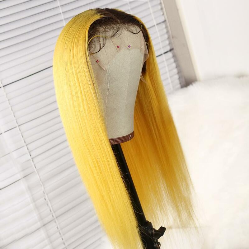 Ombre Yellow Straight Human Hair Wig With Black Roots Wig With Baby Hair Brazilian Remy Lace Wigs 180 Density