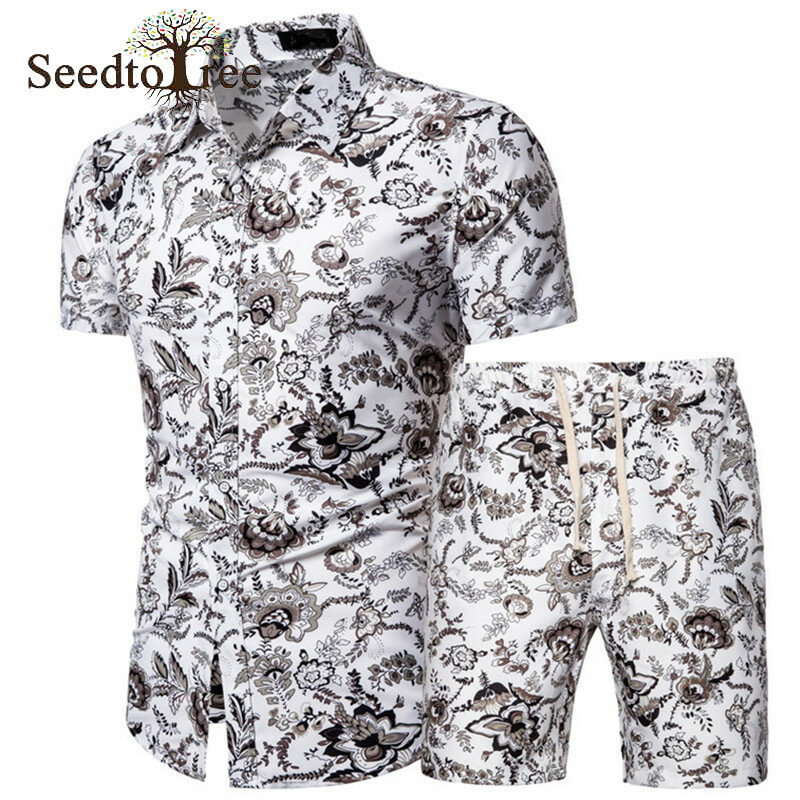 صيف جديد الرجال دعوى قصيرة الأكمام قميص السراويل قطعتين قميص مطبوع الرجال مجموعات