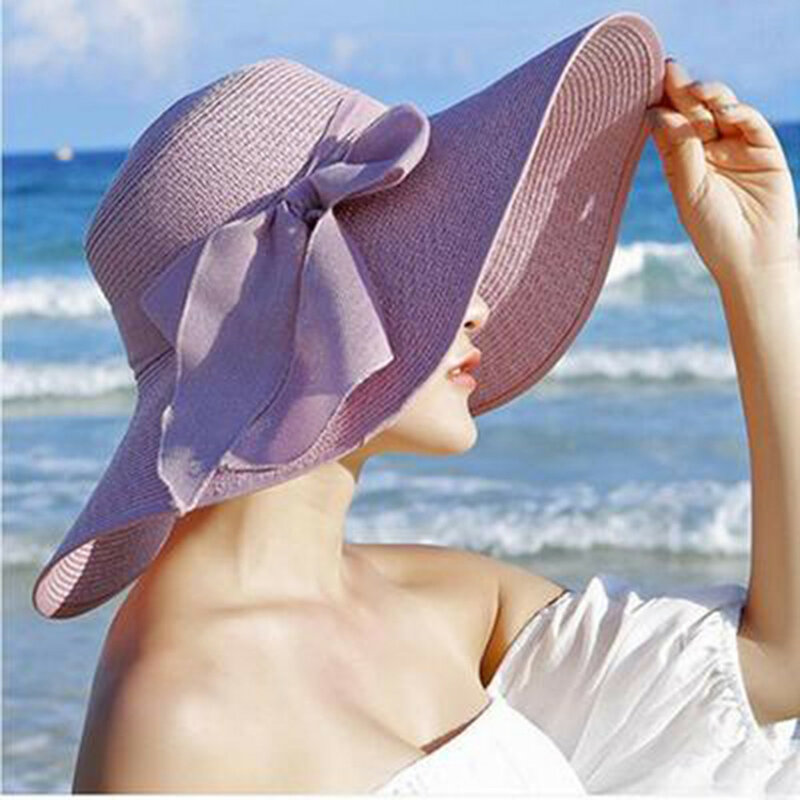 2021 السيدات Bowknot كبيرة حافة قبعات من القش النساء المرنة واسعة حافة قبعات الشمس الإناث للطي قبعات الشاطئ الصيف casquette أوم