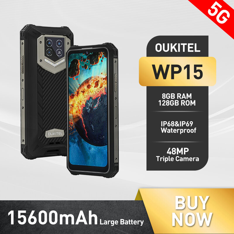 هاتف ذكي Oukitel WP15 وعرة 5G 15600mAh أندرويد 11 هاتف محمول 6.5 "HD + ثماني النواة MT6833 8GB + 128GB الهواتف NFC