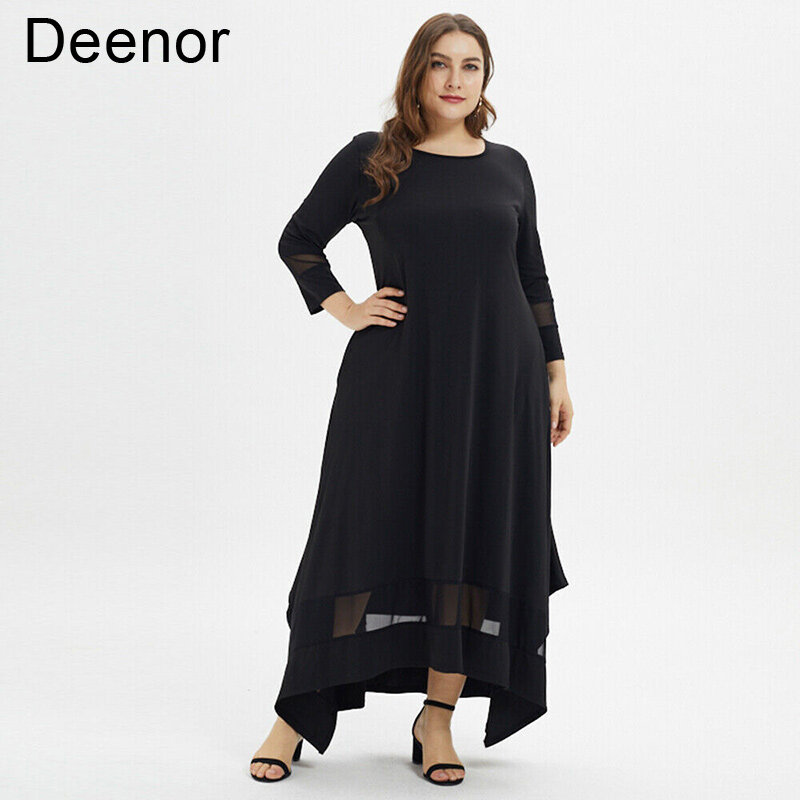 Deenor حجم كبير شبكة طاقم الرقبة فستان سبليت س الرقبة فستان كاجوال فستان سهرة صيفي أنيق موضة مكتب زي نسائي