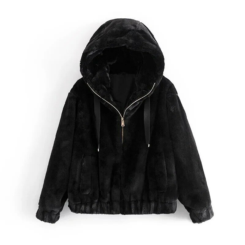سترة بغطاء للرأس للمكتب ملابس كورية موضة 2019 معطف نسائي كبير الحجم بفرو أسود