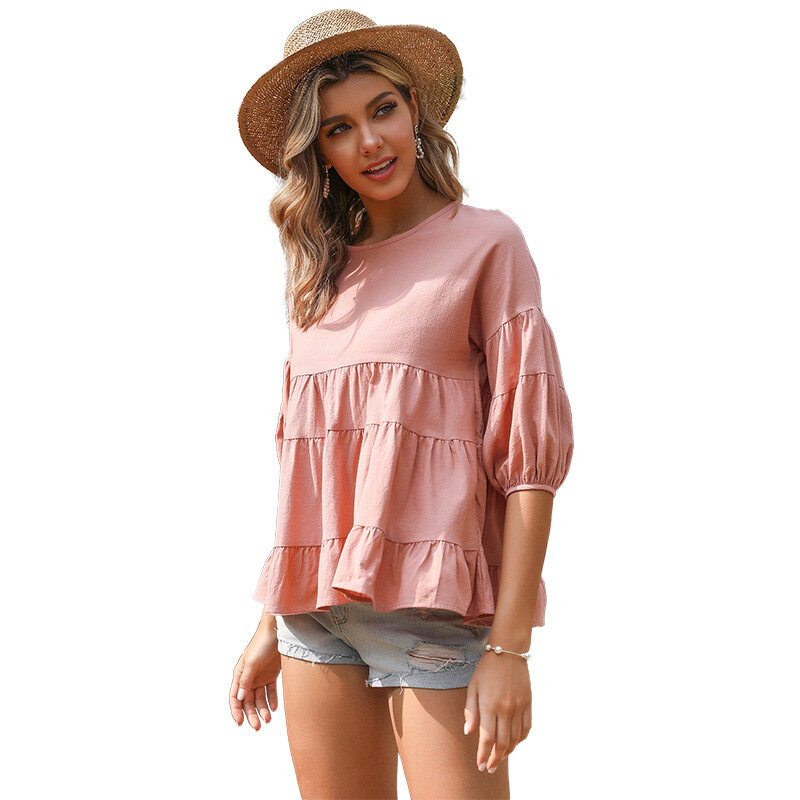 امرأة الملابس الصلبة دمية قميص لطيف النمط الأوروبي الأمريكي القطن الكتان تي شيرت المرأة قميص فضفاض غير رسمي حجم كبير الوردي