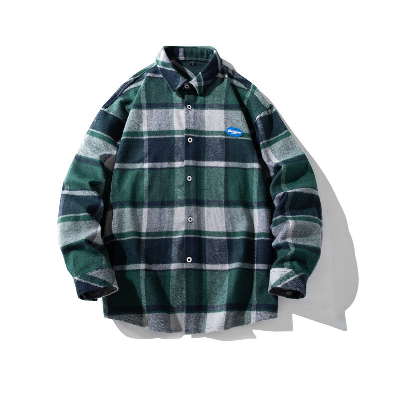 الكورية Flannel الفانيلا منقوشة سميكة سترة قميص الذكور زوجين نمط Vintage القمصان الخضراء فضفاضة طويلة الأكمام عالية الشارع الذكور