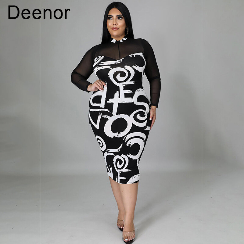 Deenor حجم كبير الموضة المطبوعة منظور الشاش شبكة مخيط فستان برقبة مستديرة للنساء أنيقة فساتين طويلة الأكمام