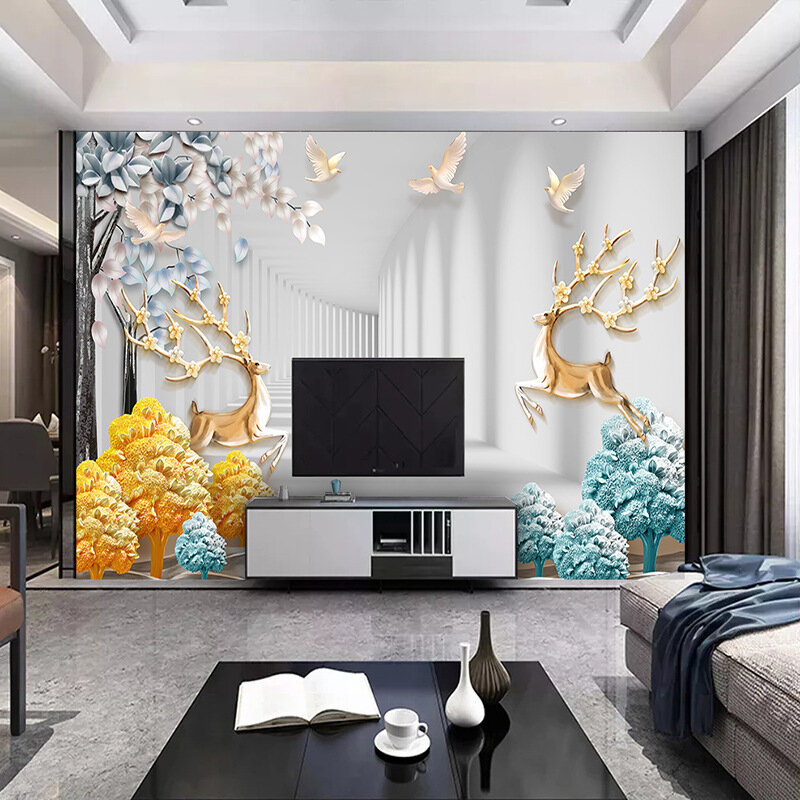التلفزيون خلفية خلفية ثلاثية الأبعاد الحرير خلفية لغرفة المعيشة الأيائل الغابات نمط ديكور غرفة نوم