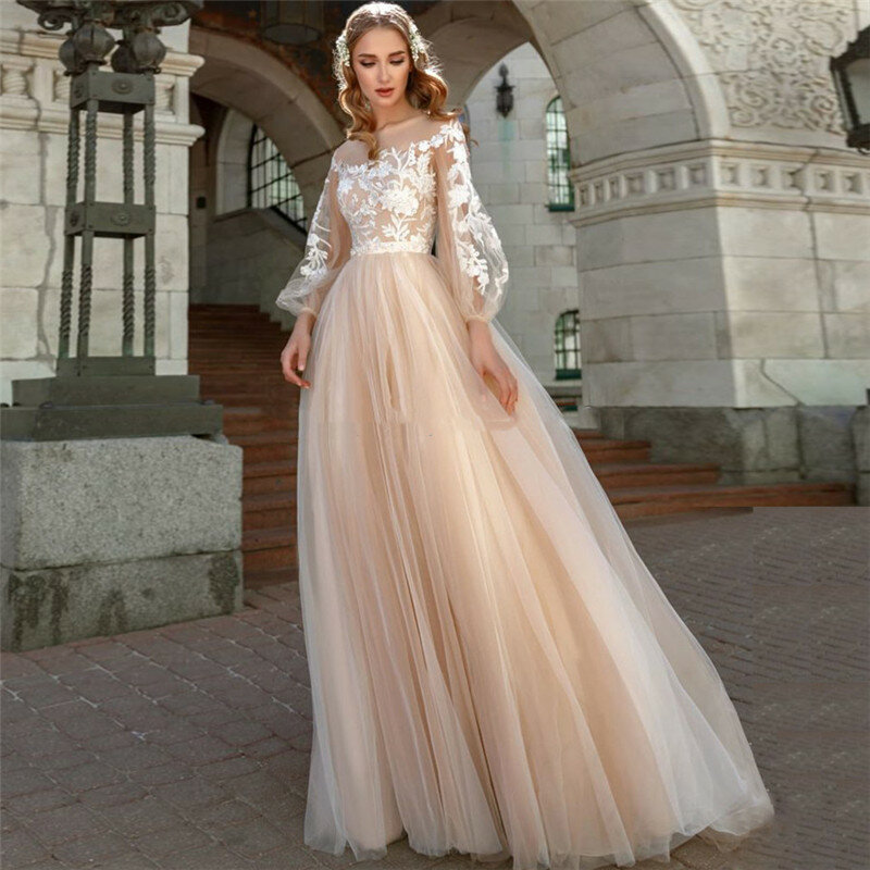 مضيئة طويلة الأكمام تول فساتين الزفاف ألف خط لينة زي العرائس الشمبانيا فستان عروس Vestidos De Mariage 2020 موضة جديدة