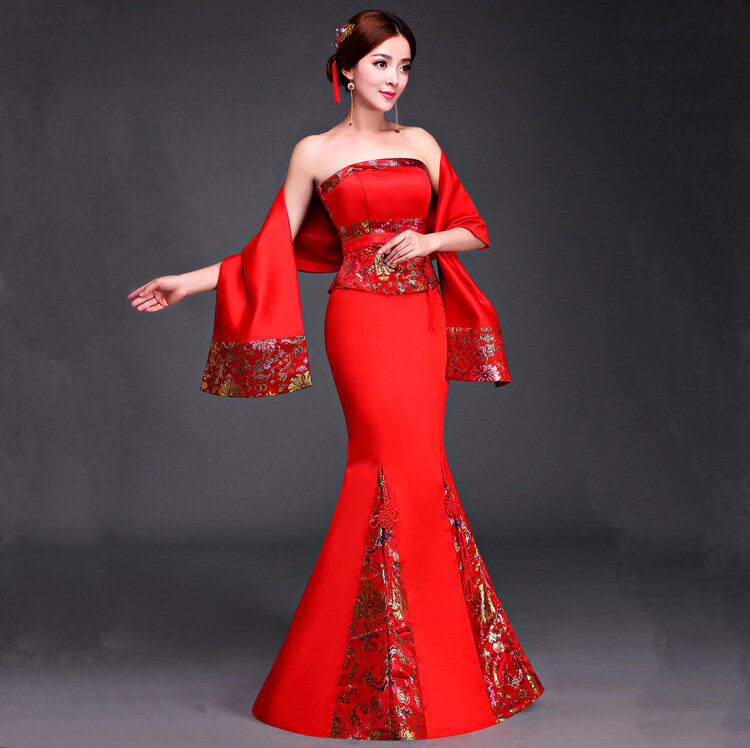 فستان سهرة صيني تقليدي للنساء ، فستان زفاف أحمر أنيق ، تشيباو ، ذيل