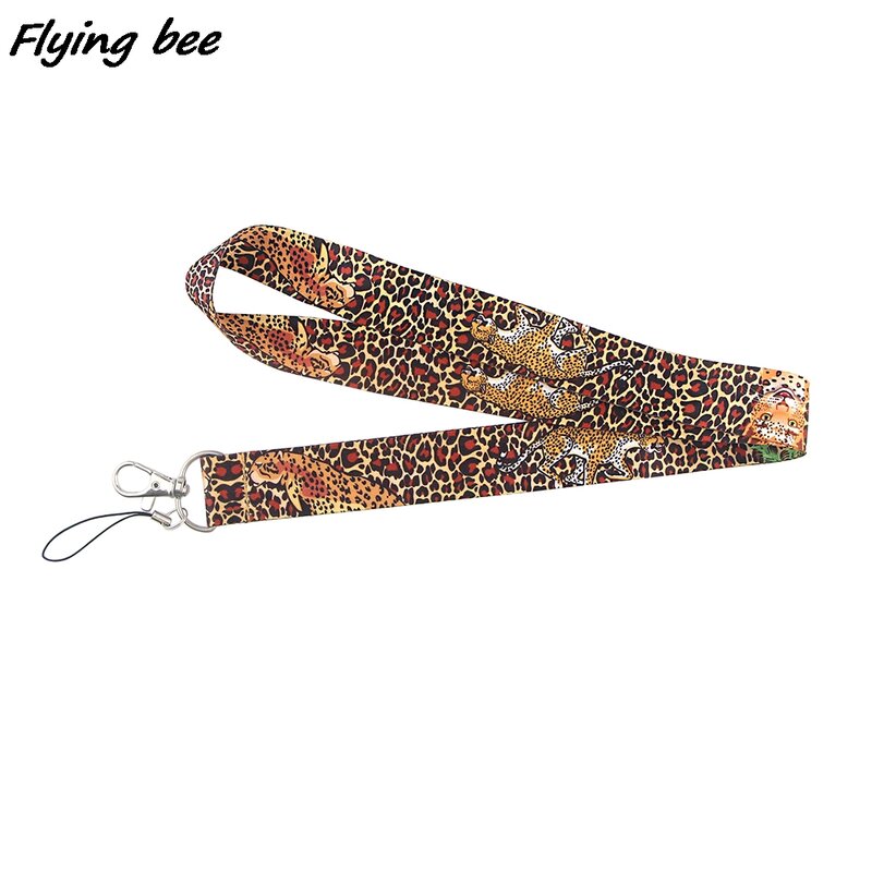 Flyingbee-سلسلة مفاتيح بطبعة جلد الفهد مع طباعة حيوان ، وحزام رقبة للهاتف ، وبطاقة الهوية ، ورباط إبداعي X1246