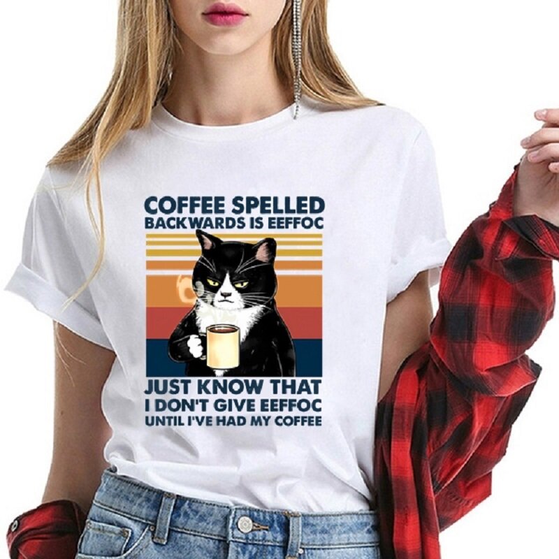 مضحك القط تي شيرت النساء الملابس السوداء القط القهوة مكتوب إلى الوراء هو Eeffoc الجرافيك تي شيرت 100 القطن النساء قمصان قمة الموضة