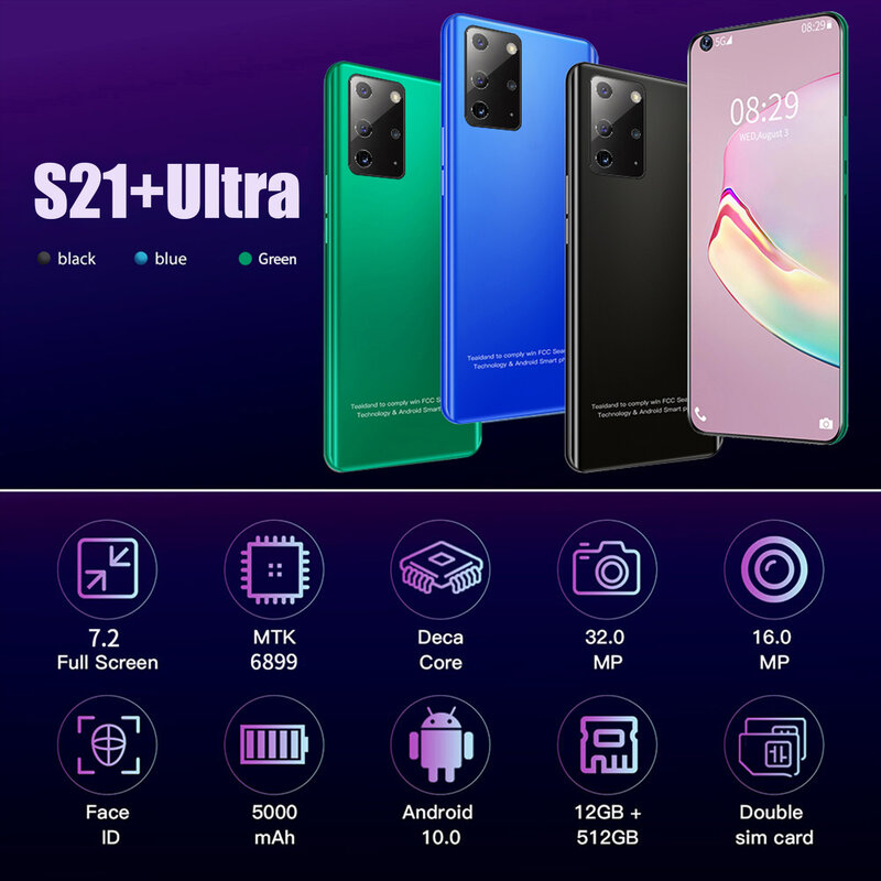 العالمي S21 الترا الهواتف المحمولة 7.2 HD بوصة النسخة العالمية الهاتف الذكي 12GB RAM 512GB ROM أندرويد الهاتف 4G/5G الهواتف المحمولة