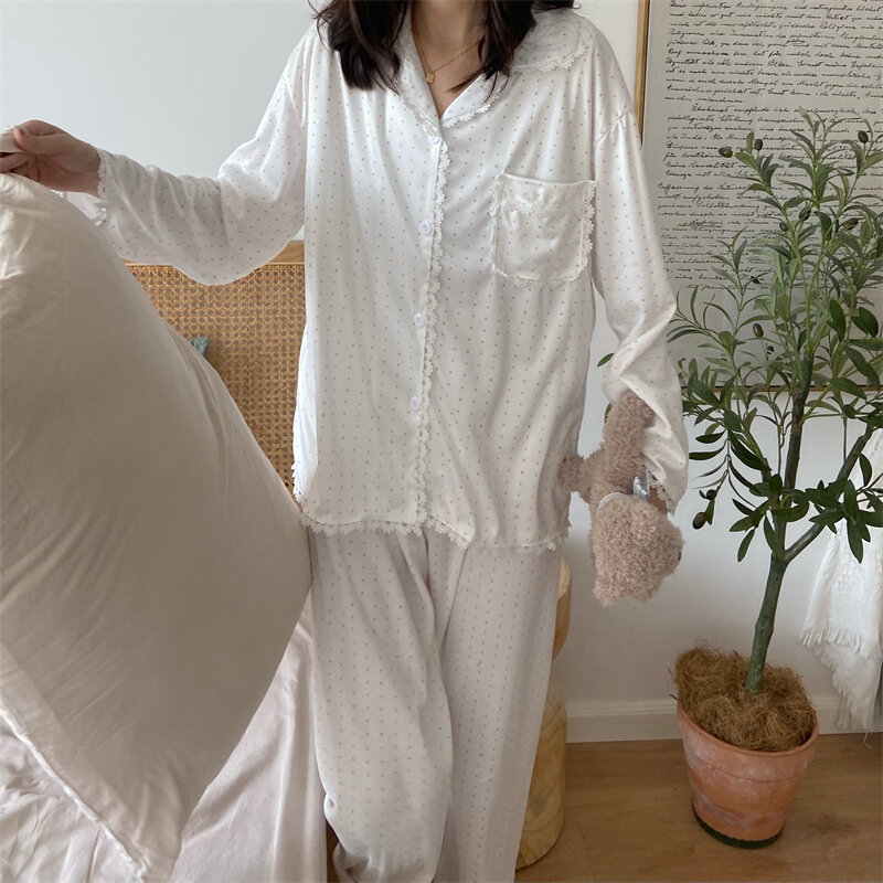 جديد 2021 طقم ملابس منزلية كوري أنيق غير رسمي للخريف بنقط مطبوعة بدانتيل مرقع بيجامات للنساء